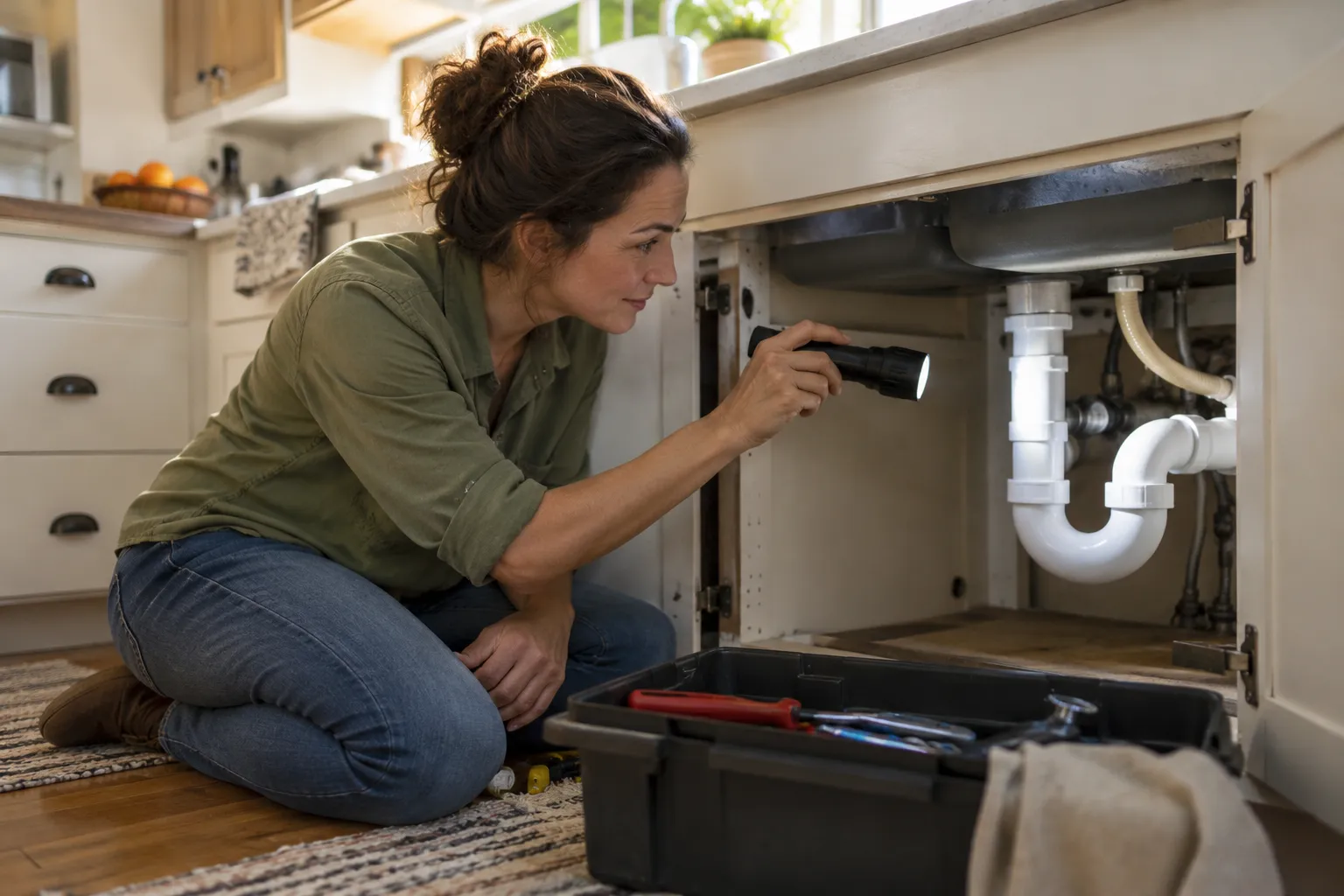 A homeowner checking under a kitchen sink in the Mentor area