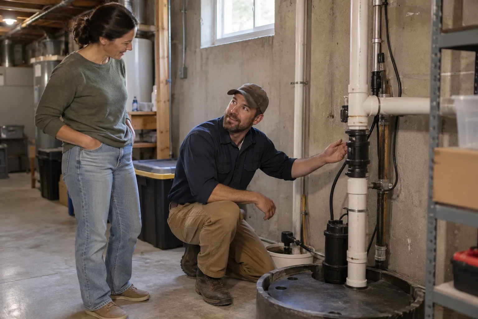 A local plumbing provider speaking calmly with a homeowner in a Mentor basement