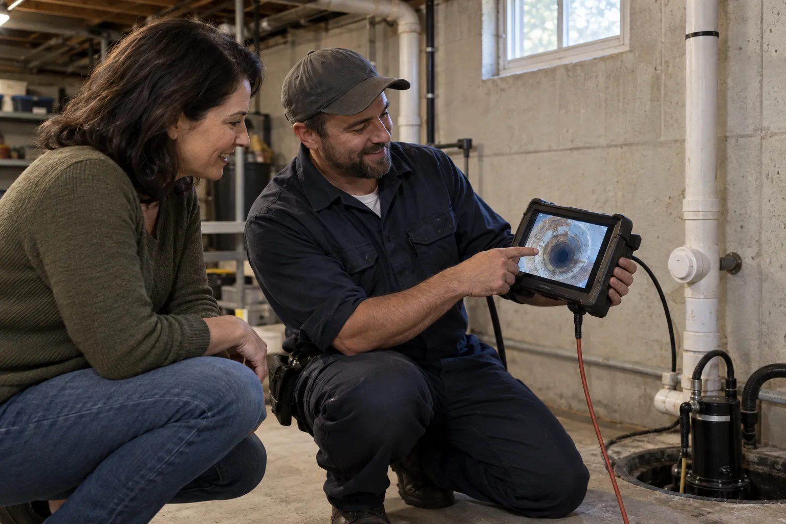A friendly plumber and a homeowner reviewing a sewer camera inspection screen in a home near Mentor